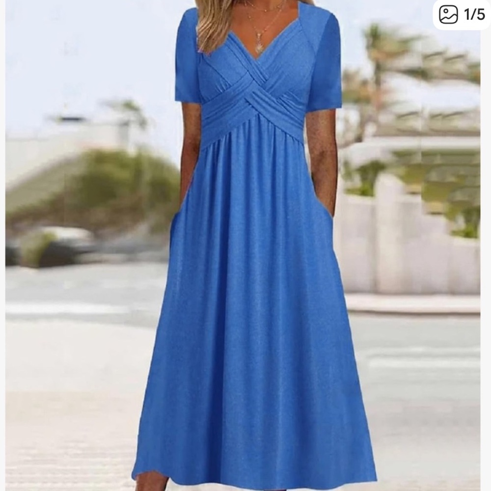 Blue V-Neck Short Sleeve Maxi Dress